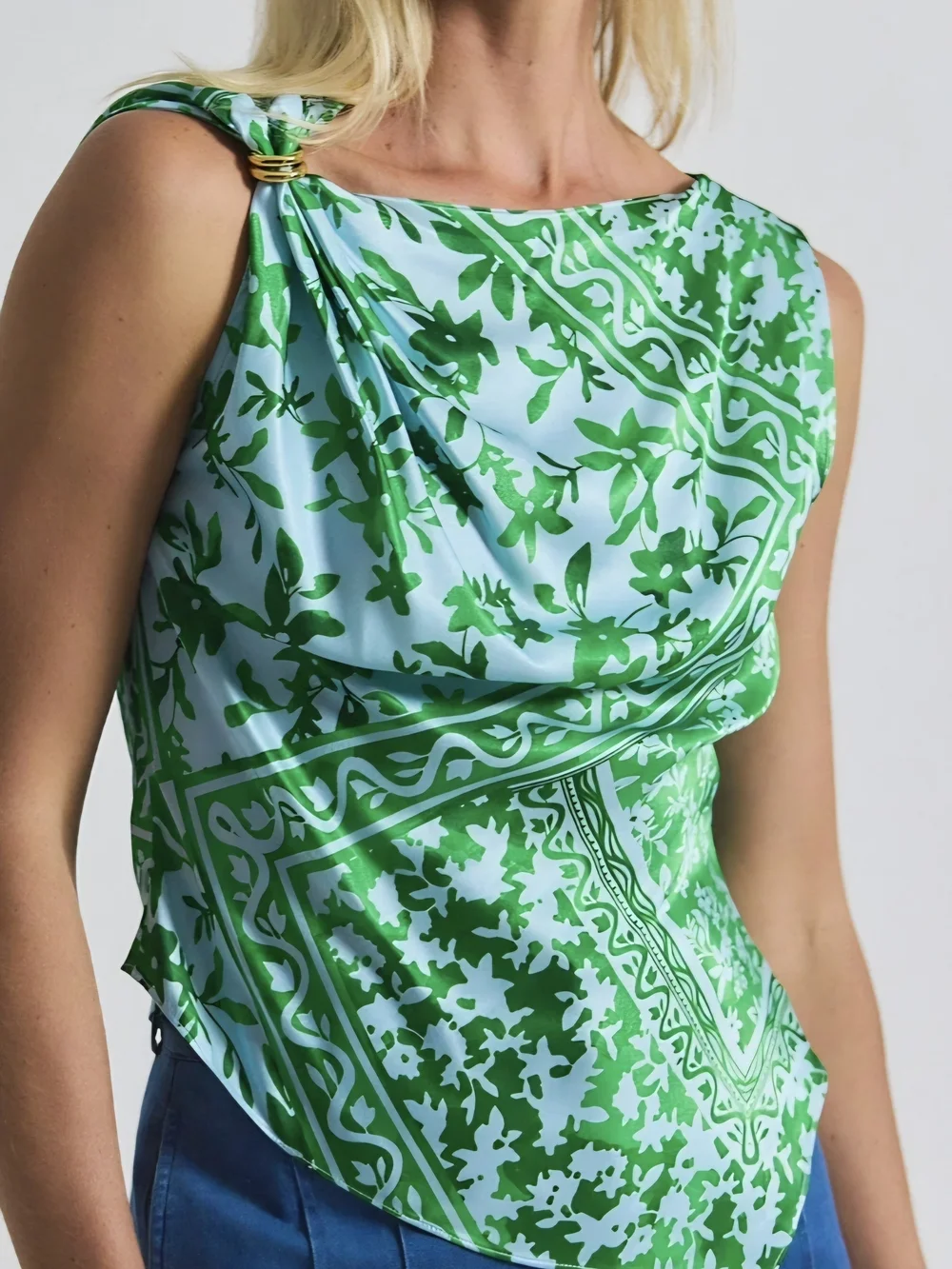 10 Crosby Derek Lam Green Botanical One-Shoulder Swim Coverup with Gold Ring